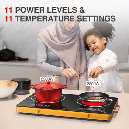 2200W + 2200W Dual Electric Infrared Cooktop – Portable Double Burner Ceramic Hot Plate with 9 Power Levels, Timer & LED Display, 220-240V