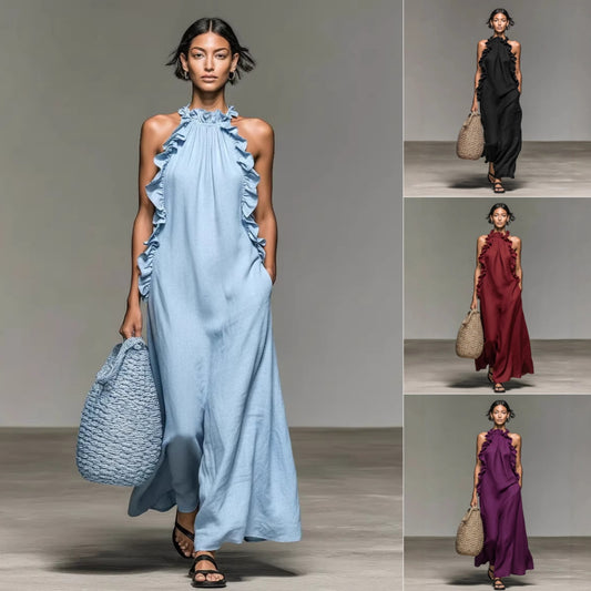 Resort Style Ruffled Halter Neck Sleeveless Maxi Dress - Loose Fit Flattering Flowy Skirt For Party Evening Gown