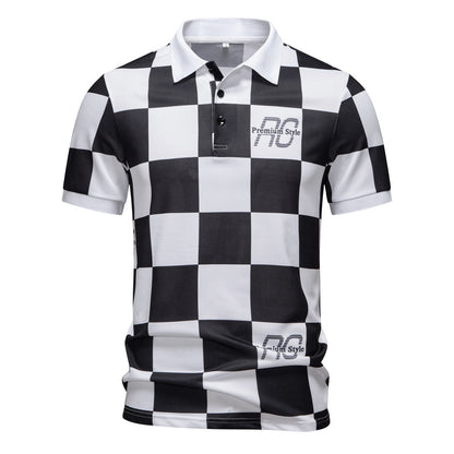 Checkered Short-Sleeve Letter-Printed Casual Fashion T-Shirt