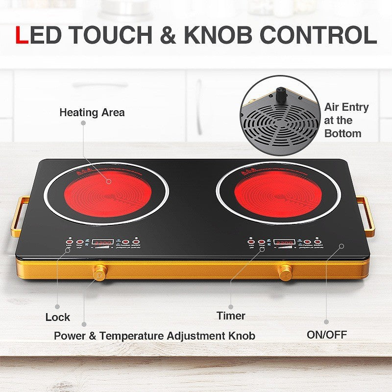 2200W + 2200W Dual Electric Infrared Cooktop – Portable Double Burner Ceramic Hot Plate with 9 Power Levels, Timer & LED Display, 220-240V