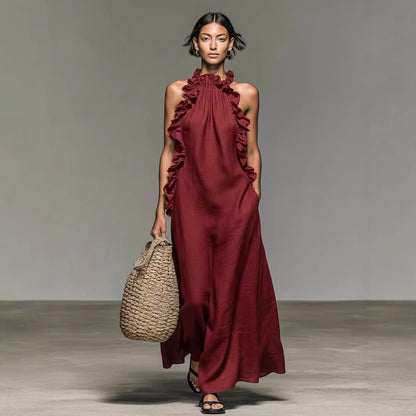 Resort Style Ruffled Halter Neck Sleeveless Maxi Dress - Loose Fit Flattering Flowy Skirt For Party Evening Gown