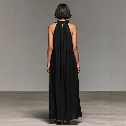 Resort Style Ruffled Halter Neck Sleeveless Maxi Dress - Loose Fit Flattering Flowy Skirt For Party Evening Gown